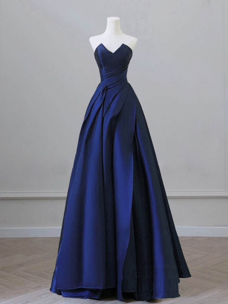 A-Line V Neck Satin Dark Blue Long Prom Dress, Dark Blue Long Formal Dress