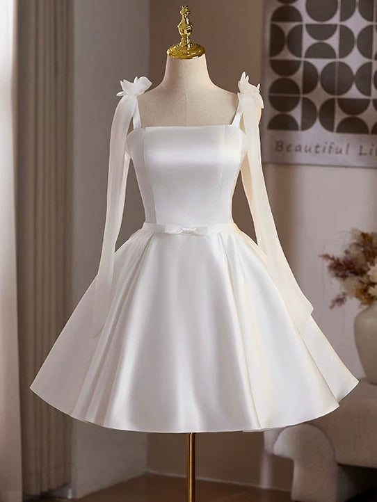Simple White Satin Short Prom Dress, White Homecoming Dress