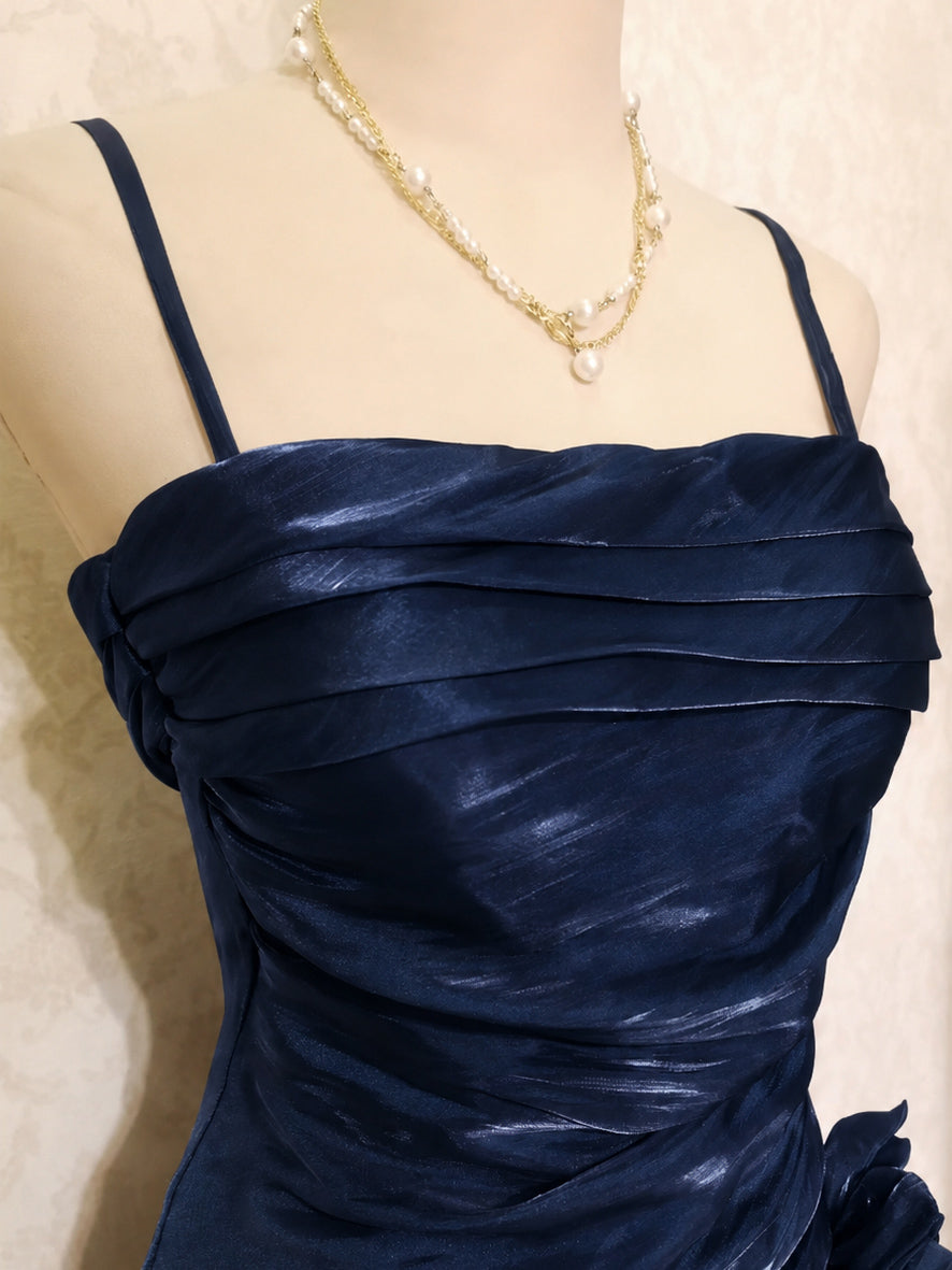 Elegant Silk Tea Length Silk Dark Blue Prom Dress, Dark Blue Party Dress