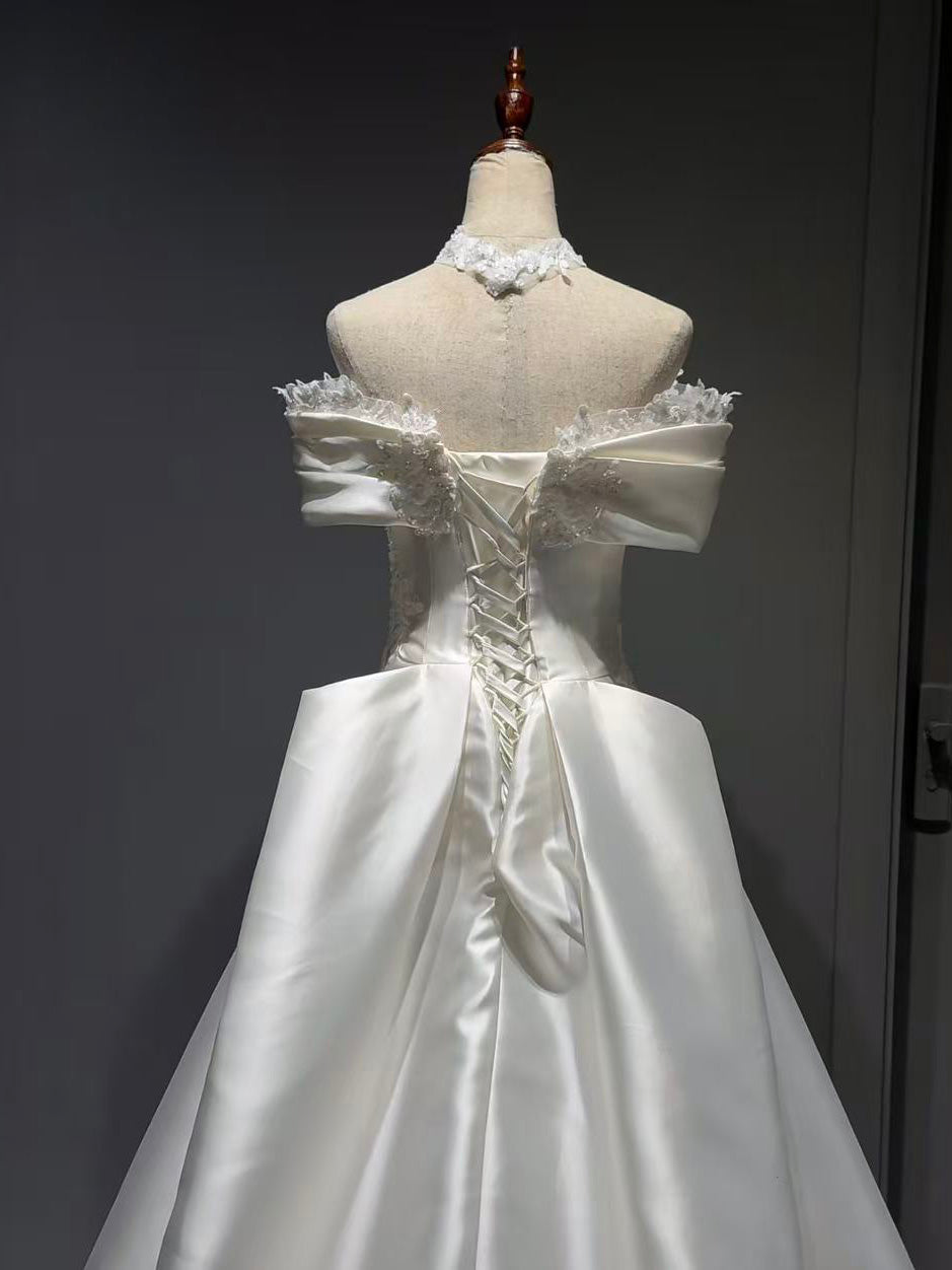 A-line Off Shoulder Satin Lace White Long Prom Dress, White Formal Dress