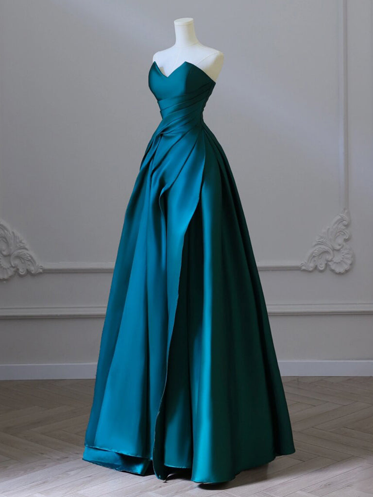A-Line Sweetheart Neck Satin Peacock Blue Long Prom Dress – shopluu