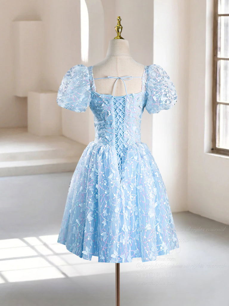 A-Line Puff Sleeves Tulle Lace Blue Short Prom Dress, Blue Homecoming Dress