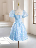 A-Line Puff Sleeves Tulle Lace Blue Short Prom Dress, Blue Homecoming Dress