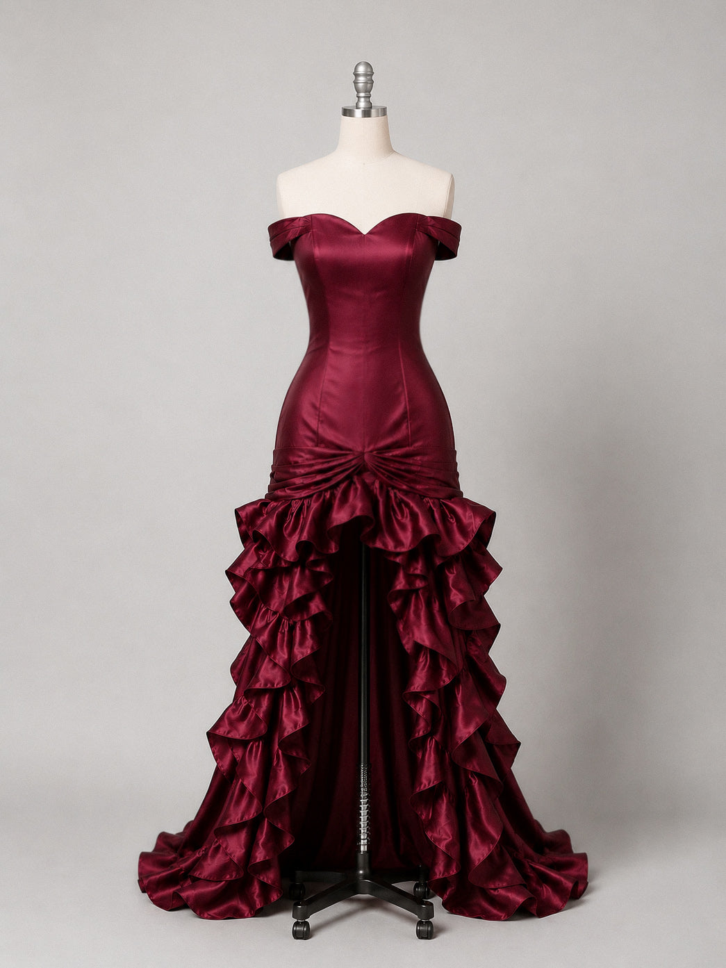 Mermaid Sweetheart Off Shoulder Satin Ruffles Burgundy Long Prom Dress