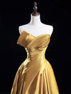 A-Line V Neck Satin Gold Long Prom Dress, Gold Long Formal Dress