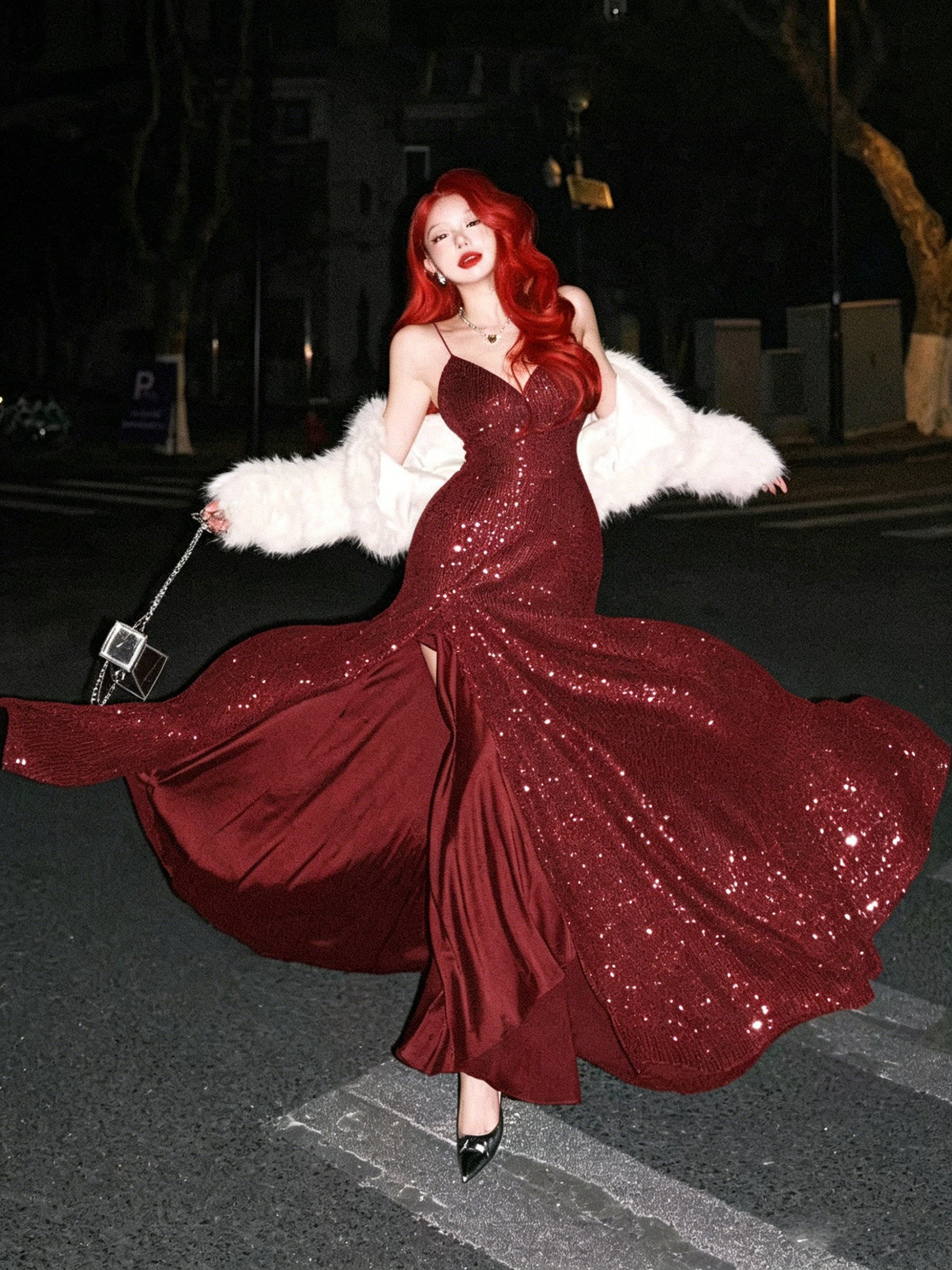 Mermaid V Neck Sequin Burgundy Long Prom Dress, Burgundy Party Dress US 16 / Burgundy