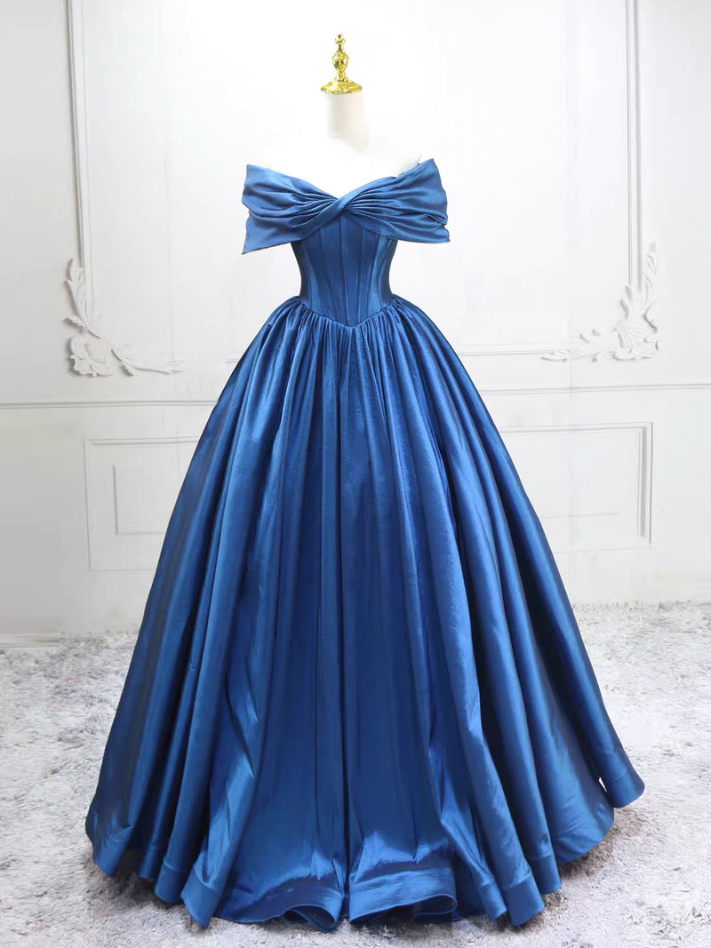 A-Line Off Shoulder Blue Long Prom Dress, Blue Long Formal Dress