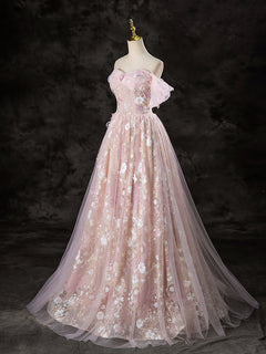 A-Line Off Shoulder Tulle Lace Pink Long Prom Dress, Lace Formal Dress
