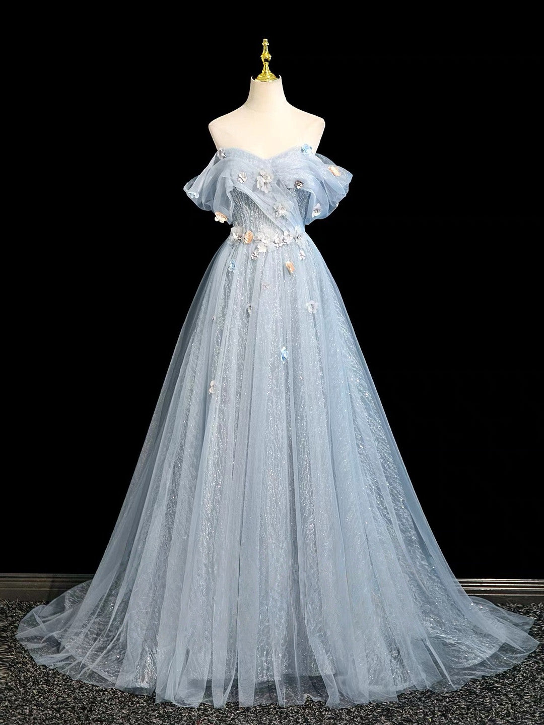 A-line Off Shoulder Tulle Lace Applique Gray Blue Long Prom Dress
