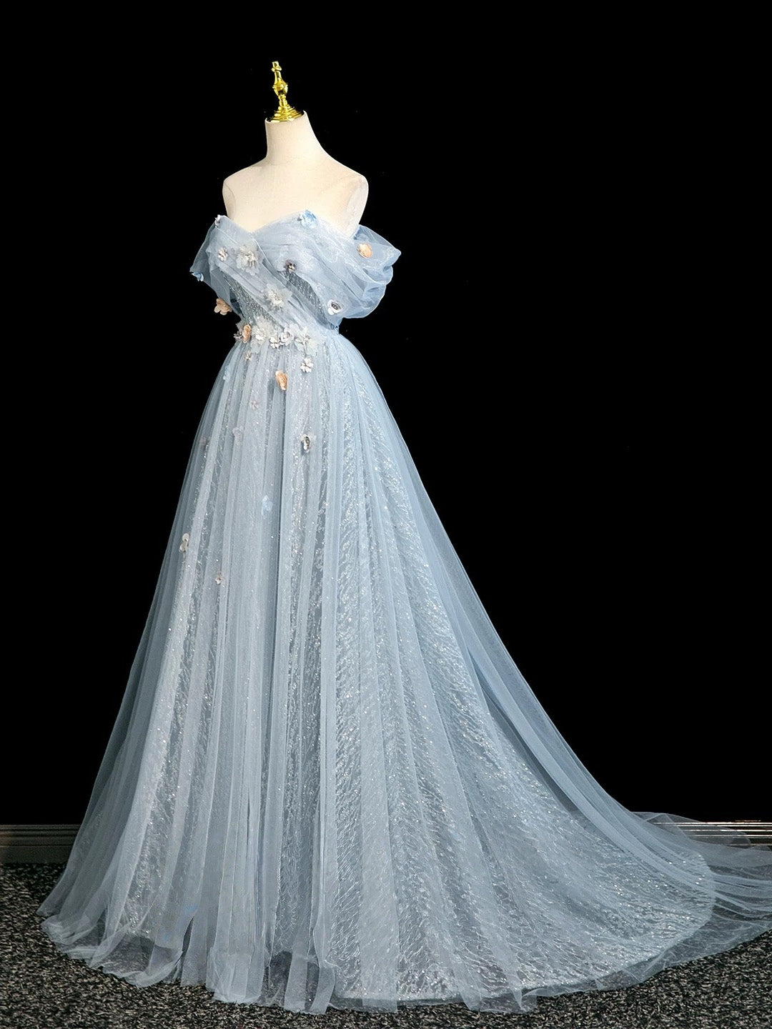 A-line Off Shoulder Tulle Lace Applique Gray Blue Long Prom Dress