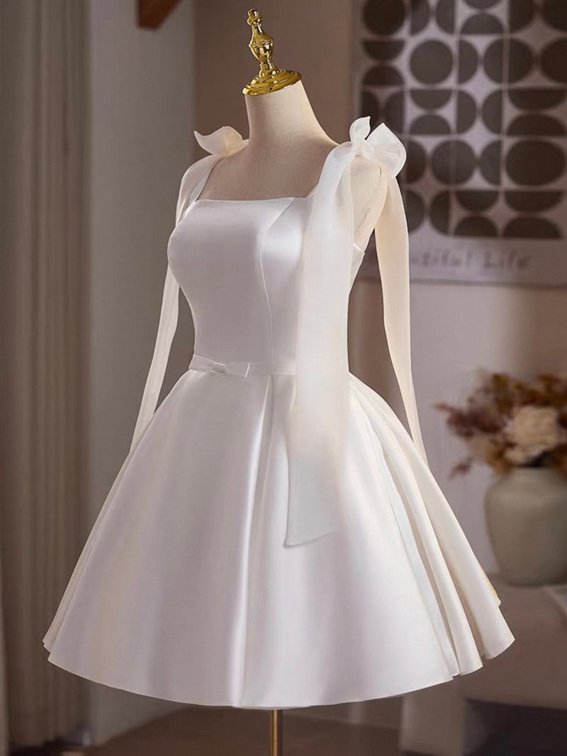 Simple White Satin Short Prom Dress, White Homecoming Dress