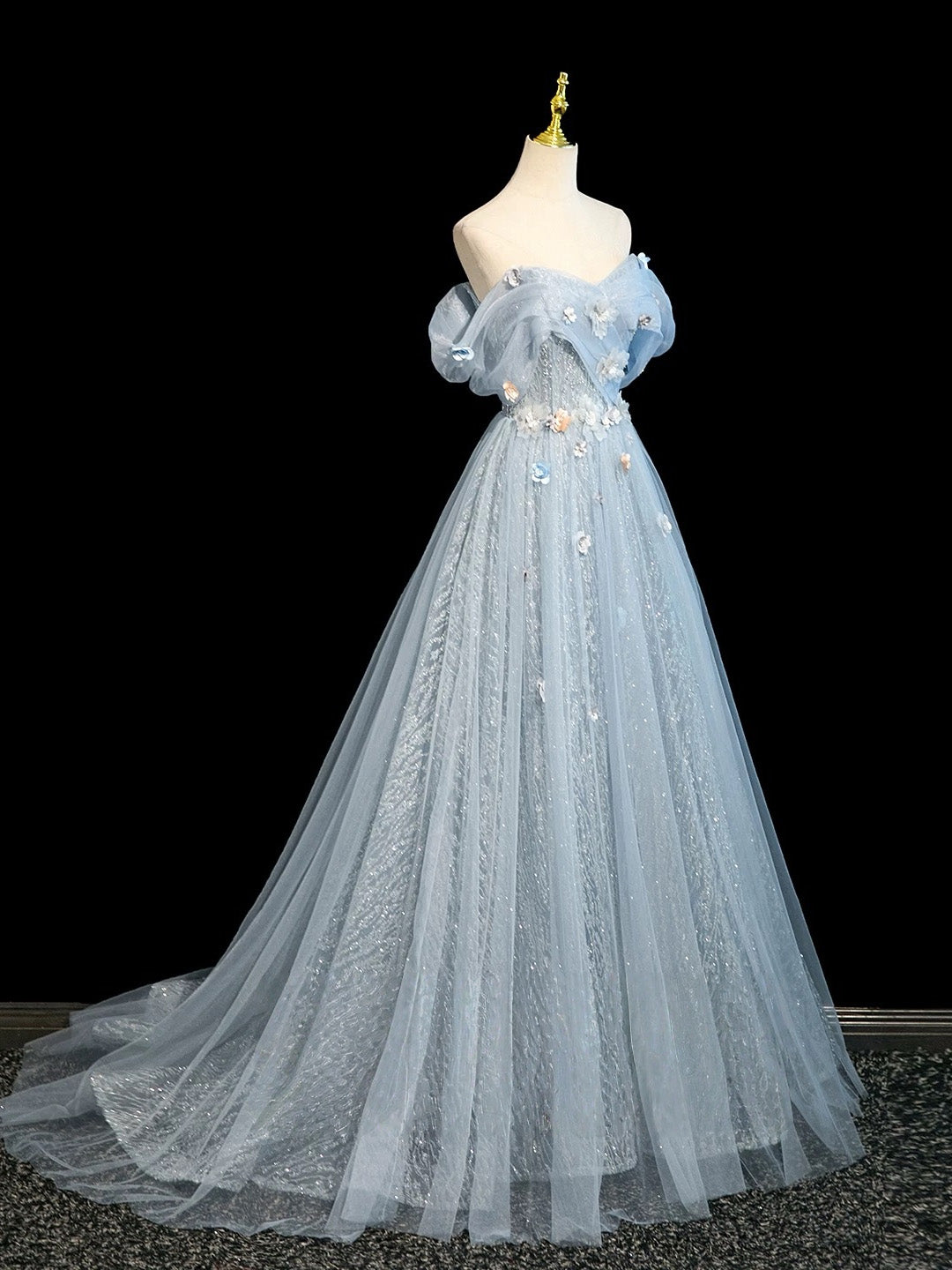 A-line Off Shoulder Tulle Lace Applique Gray Blue Long Prom Dress