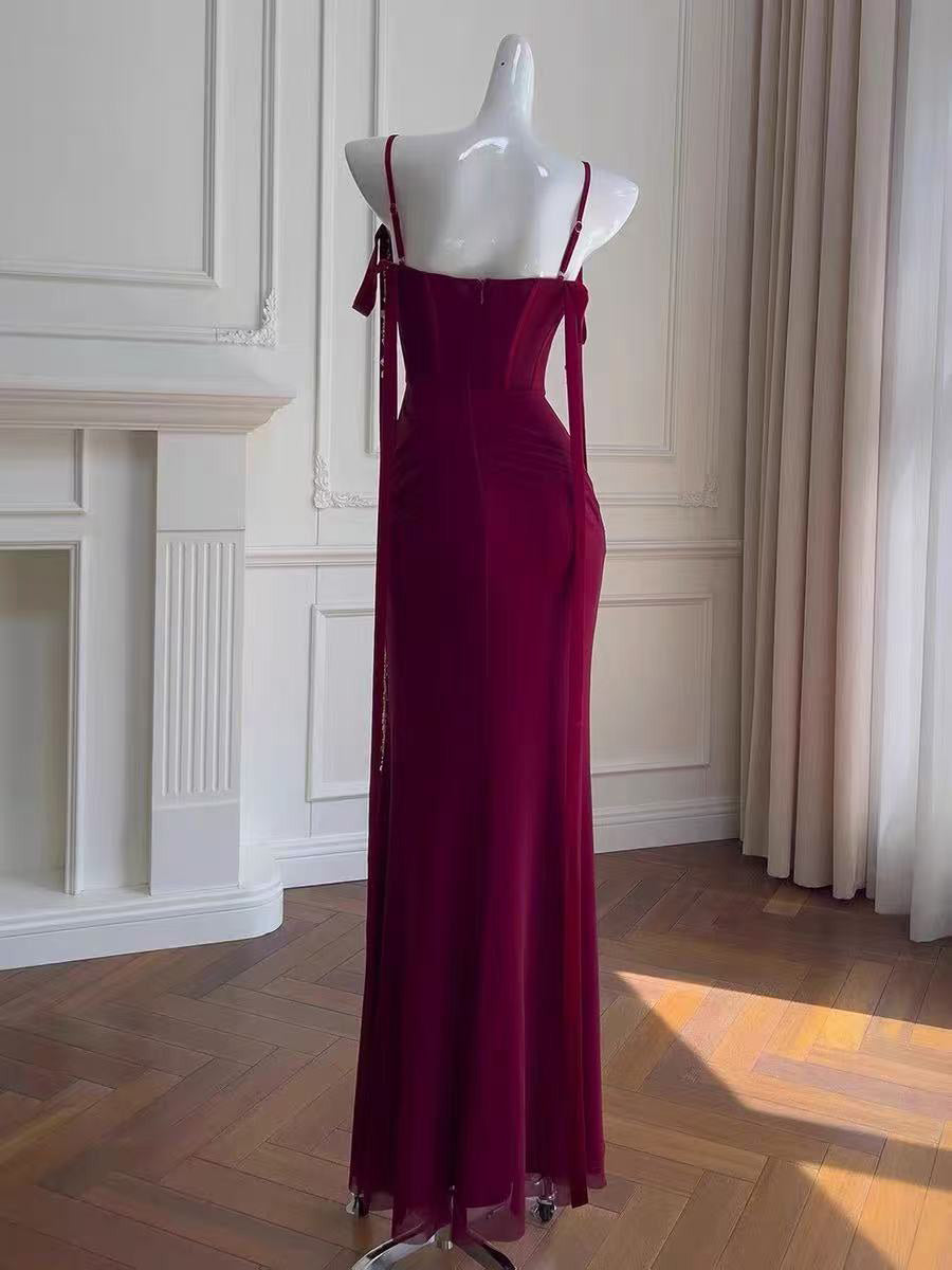 Simple Mermaid Off Shoulder Burgundy Long Prom Dress with Beads