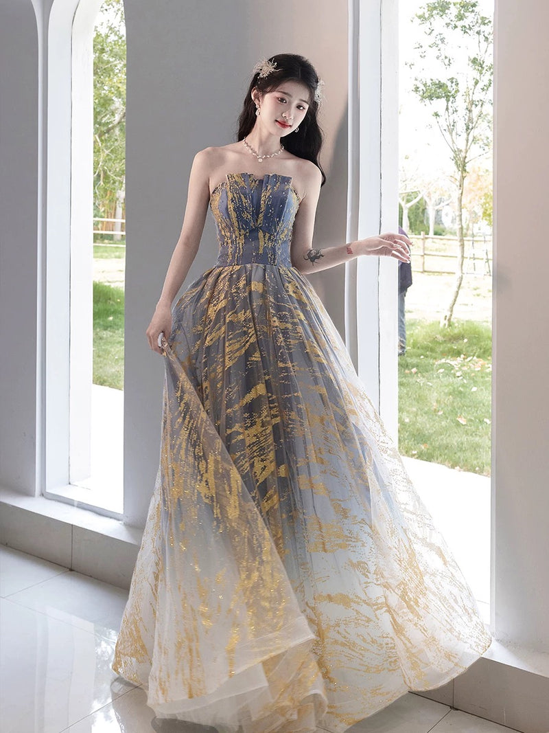 A-Line Tulle Gold/Blue Long Prom Dress, Blue Formal Evening Dress