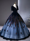 A-Line V Neck Velvet Tulle Dark Blue Long Prom Dress, Dark Blue Long Evening Dress