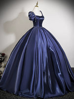 A-Line Puff Sleeves Dark Blue Long Prom Dress, Dark Blue Long Evening Dress