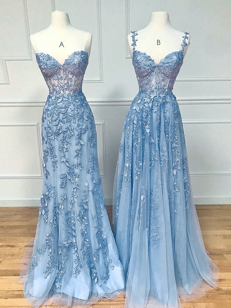Blue Sweetheart Neck Lace Long Prom Dresses, Blue Lace Graduation Dress