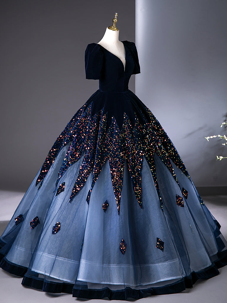 A-Line V Neck Velvet Tulle Dark Blue Long Prom Dress, Dark Blue Long Evening Dress Custom Size / Dark Blue A-Line V Neck Velvet Tulle Dark Blue Long Prom Dress, Dark Blue Long Evening Dress Custom Size / Dark Blue