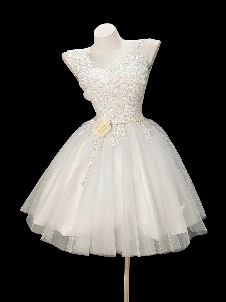 A-line Sweetheart Neck Tulle Lace White Short Prom Dress