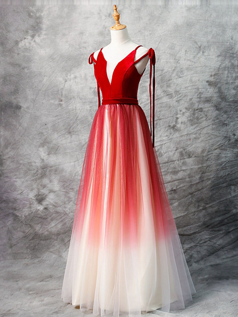 A-Line Red Velvet Tulle Long Prom Dress, Red Formal Dress