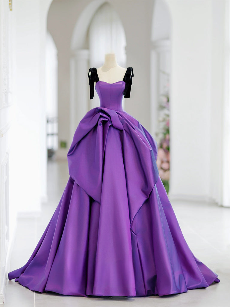 A-Line Sweetheart Neck Satin Purple Long Prom Dress, Purple Long Formal Dress