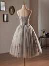 A-Line Sweetheart Neck Tulle Sequin Lace Gray Short Prom Dress