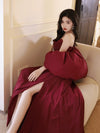 A-Line Off-the-shoulder Taffeta Burgundy Long Prom Dress with Puff Sleeves