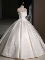 A-Line Satin Lace  ivory Long Wedding Dress, Lace Weeding Party Dress