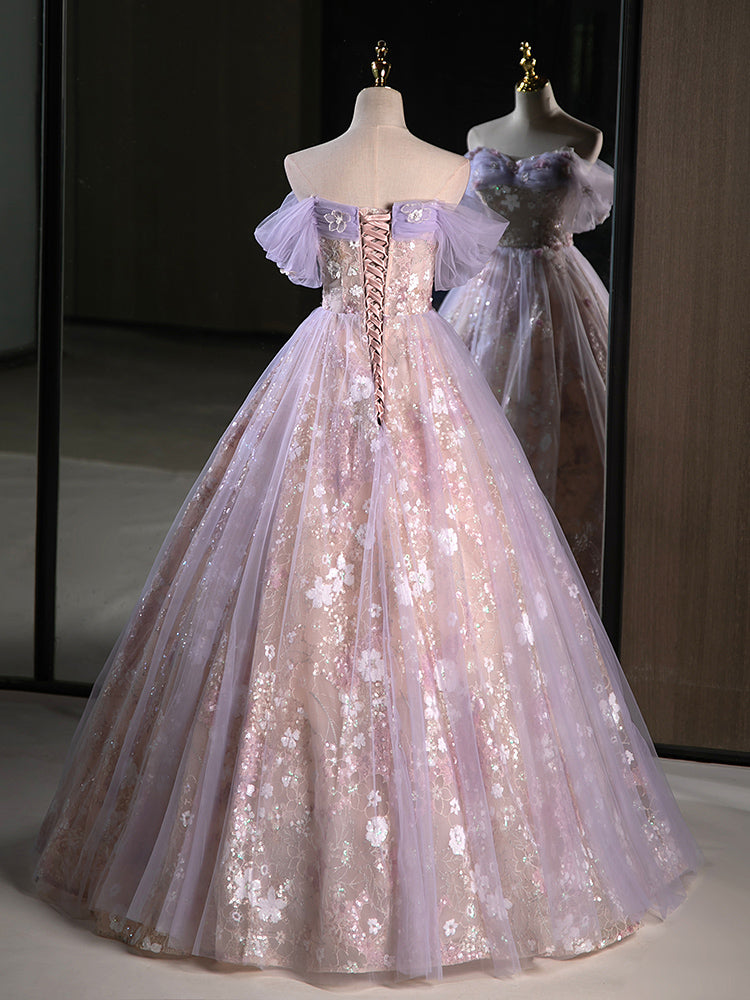 Purple A-Line Off the Shoulder Sequins Prom Dress, Lovely Tulle Corset Floor Length Evening Dress US 2 / Same As Picture Purple A-Line Off the Shoulder Sequins Prom Dress, Lovely Tulle Corset Floor Length Evening Dress US 2 / Same As Picture