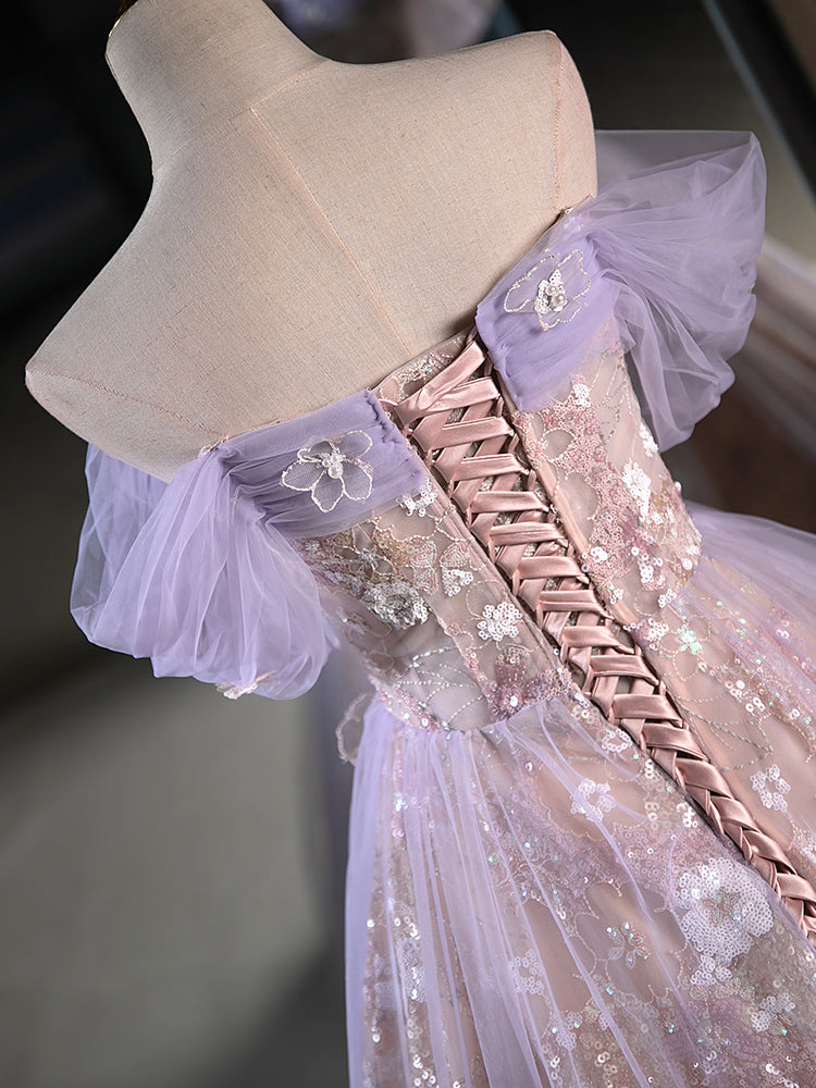 A-Line Off Shoulder Tulle Lace Purple Short Prom Dress, Cute Purple Homecoming Dress US 10 / Purple A-Line Off Shoulder Tulle Lace Purple Short Prom Dress, Cute Purple Homecoming Dress US 10 / Purple