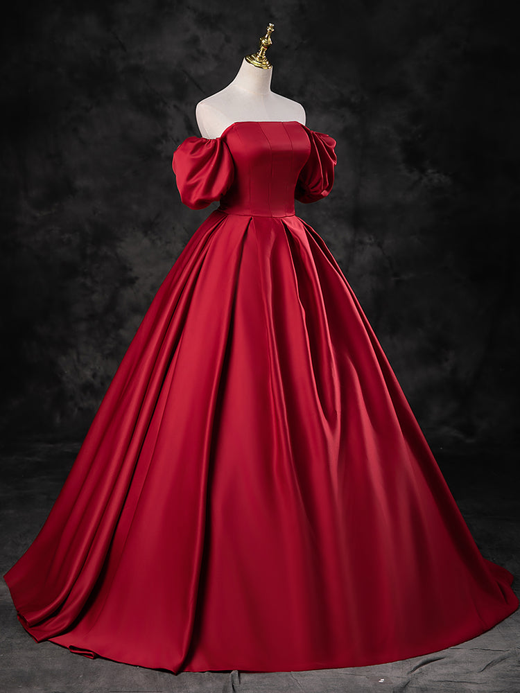 A-Line Burgundy Satin Long Prom Dress, Burgundy Long Evening Dress