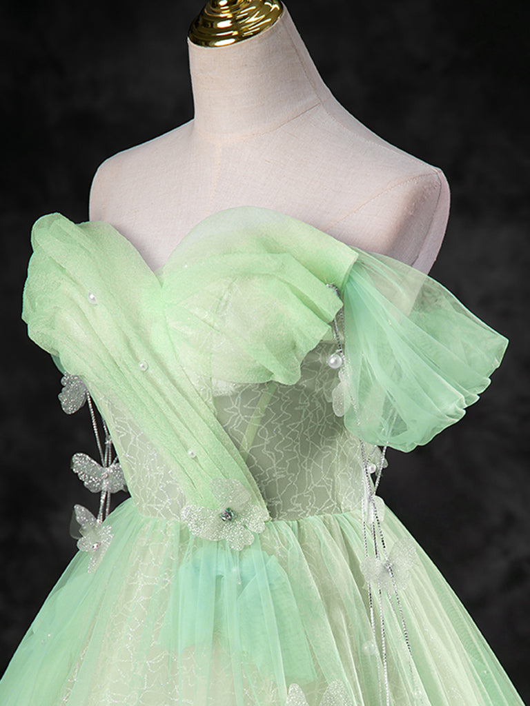 Green A-Line Off Shoulder Tulle Long Prom Dress, Green Long Formal Dress