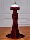 Mermaid Off Shoulder Burgundy Long Prom Dress, Burgundy Long Evening Dress