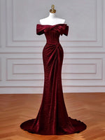 Mermaid Off Shoulder Burgundy Long Prom Dress, Burgundy Long Evening Dress