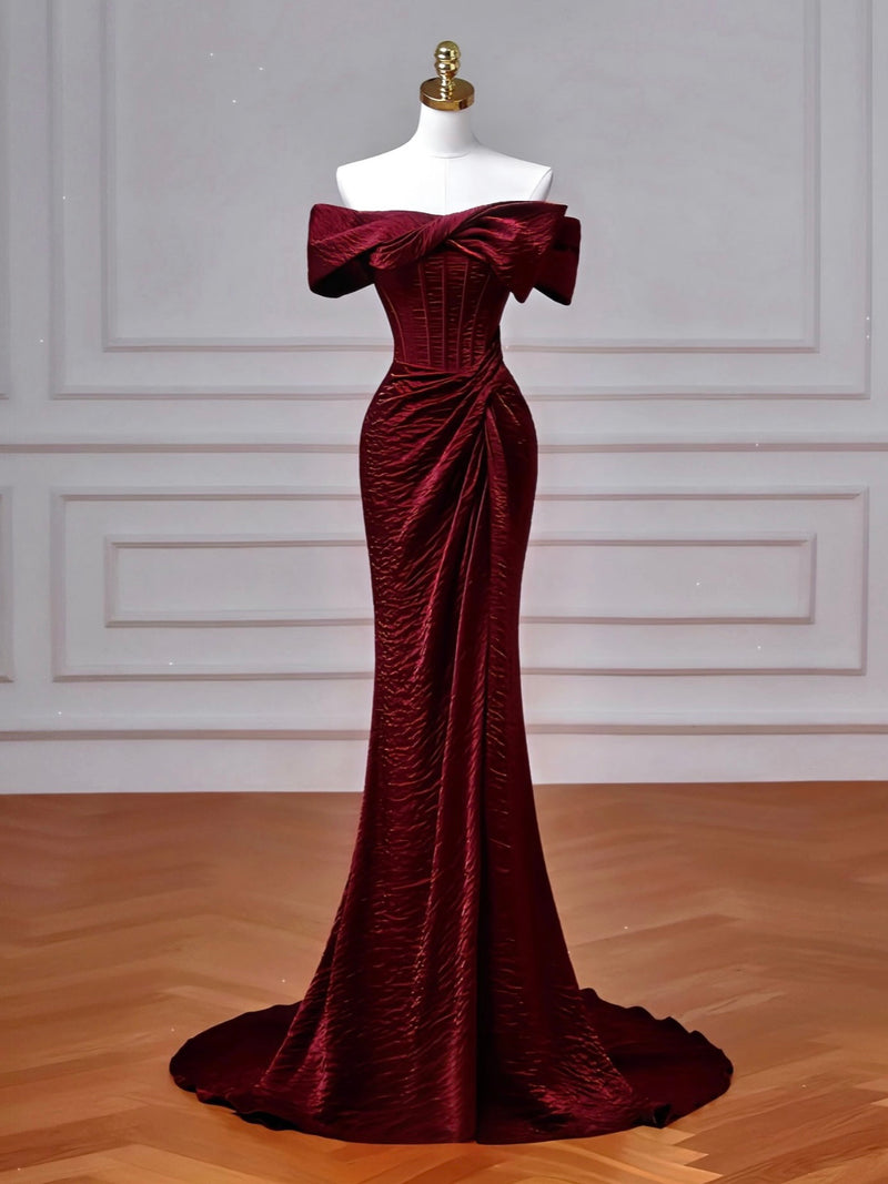 Mermaid Off Shoulder Burgundy Long Prom Dress, Burgundy Long Evening Dress