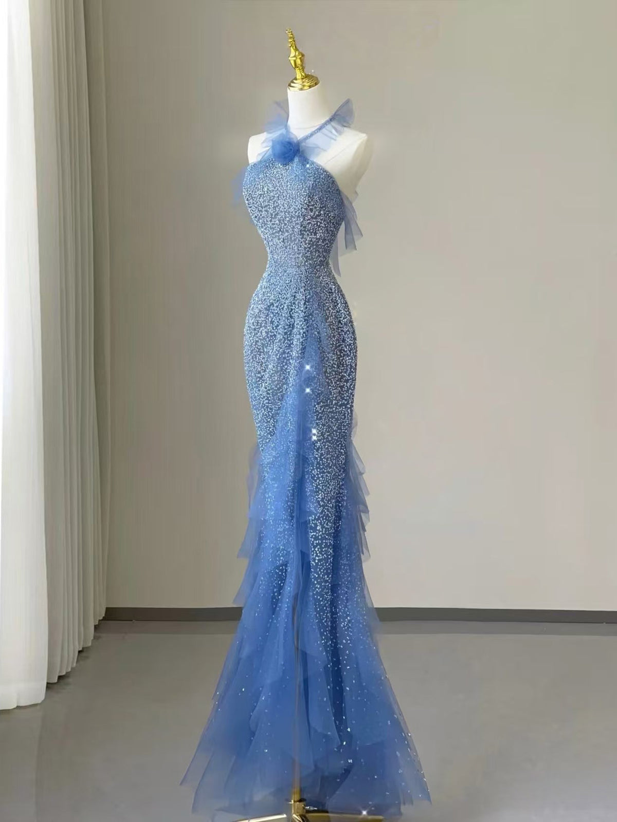 Mermaid Tulle Sequin Floor Length Blue Prom Dress