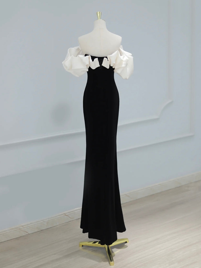Mermaid Off Shoulder Velvet Satin Black Long Prom Dress,Black Long Party Dress