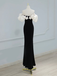 Mermaid Off Shoulder Velvet Satin Black Long Prom Dress,Black Long Party Dress