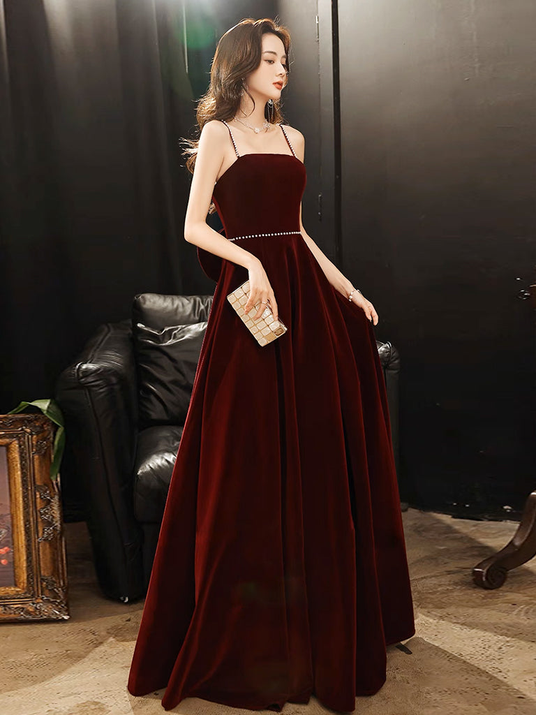 A-Line Velvet Burgundy Long Prom Dress, Burgundy Long Evening Dress