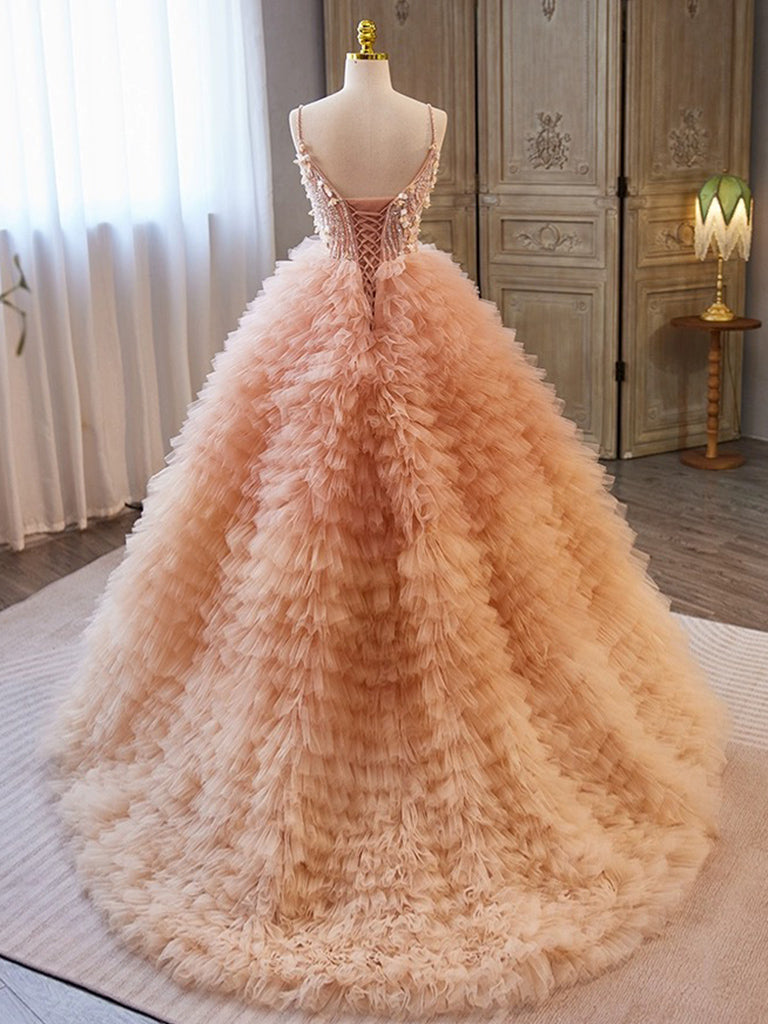 Unique V Neck Tulle Sequin Orange Pink Long Prom Dress, Orange Pink Sweet 16 Dress