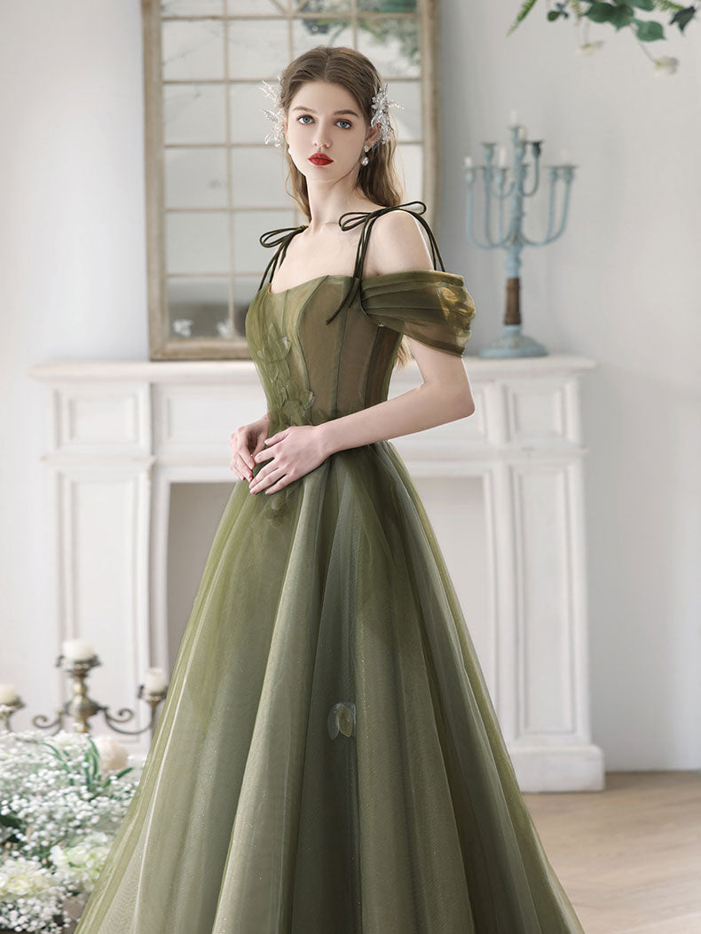 A-Line Off Shoulder Green Tulle Long Prom Dress, Green Formal Dresses – shopluu