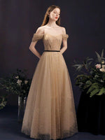 A-Line Sweetheart Neck Champagne Tulle Long Prom Dress. Champagne Formal Dress