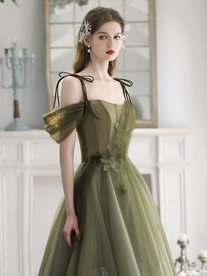A-Line Off Shoulder Green Tulle Long Prom Dress