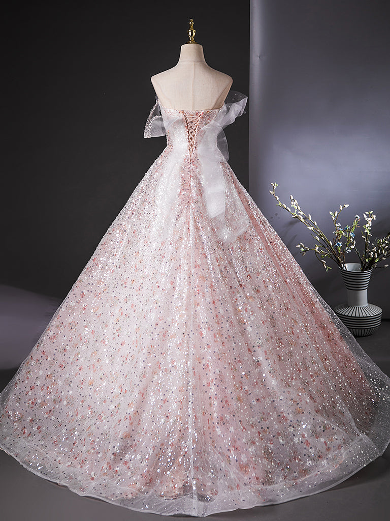 A-Line Tulle Lace Sequin Pink Long Prom Dress, Pink Long Evening Dress