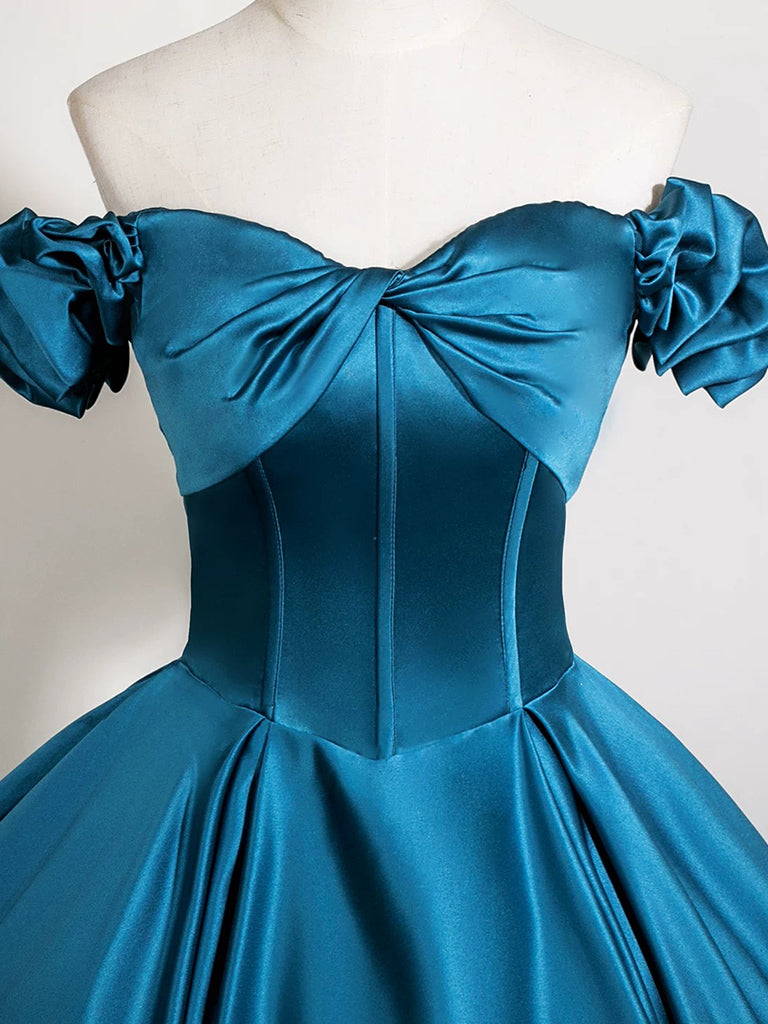 A-Line Sweetheart Neck Off Shoulder Satin Floor Length Blue Long Evening Dress