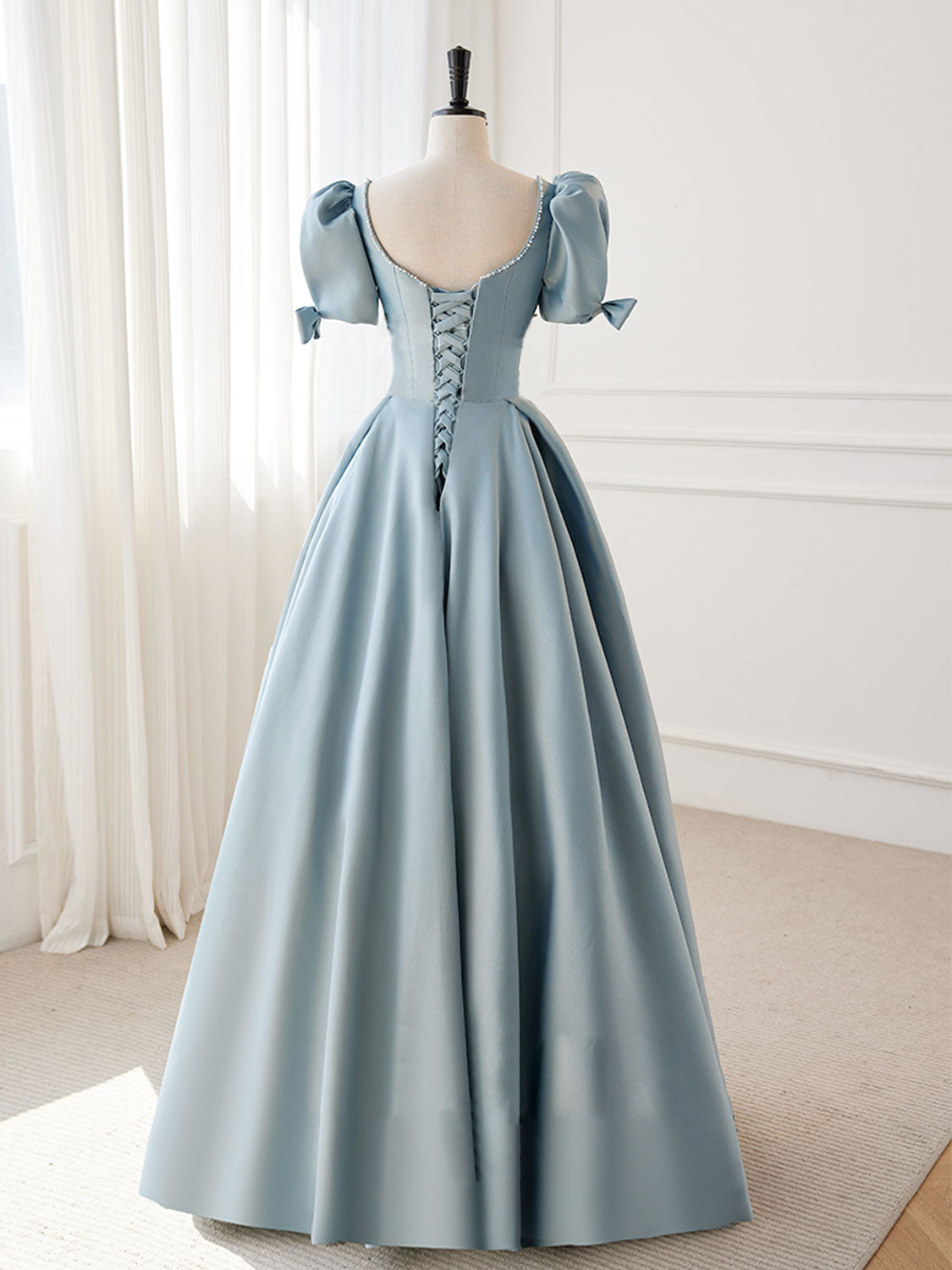 A-Line Blue Satin Puffy Sleeve Long Prom Dress, Blue Formal Dresses – shopluu