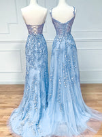 Blue Sweetheart Neck Lace Long Prom Dresses, Blue Lace Graduation Dress