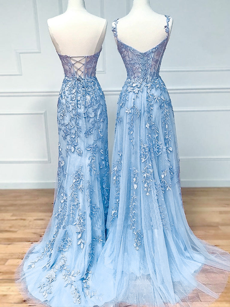 Blue Sweetheart Neck Lace Long Prom Dresses, Blue Lace Graduation Dres