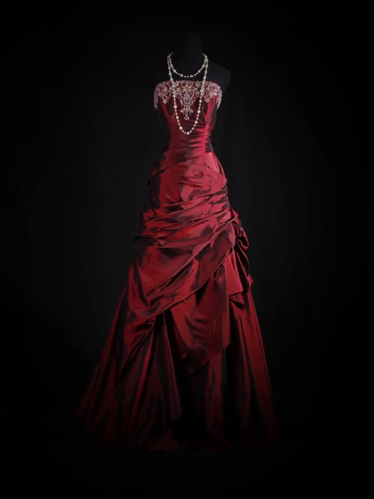 A-line Satin irregular Lace Sequin Burgundy Long Prom Dress