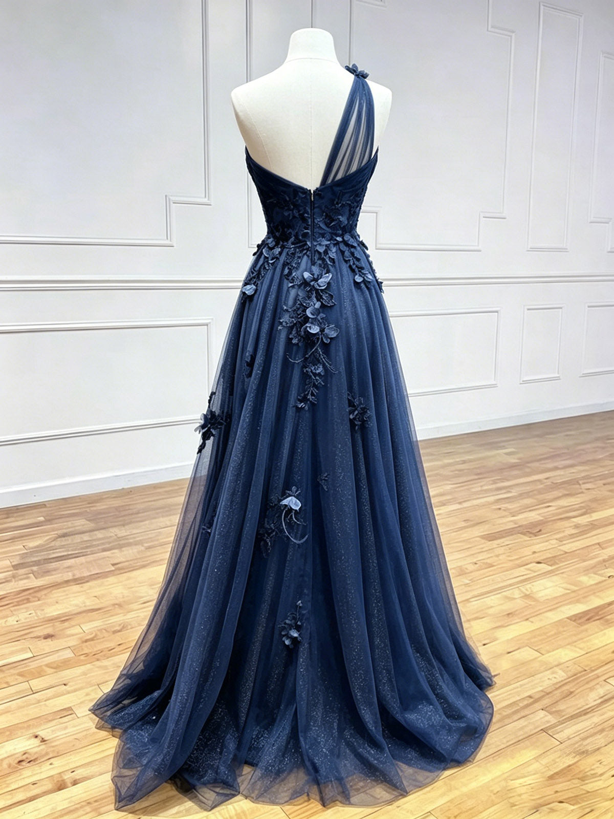 A-Line One Shoulder Tulle Floor Length Dark Blue Prom Dress with Lace Applique